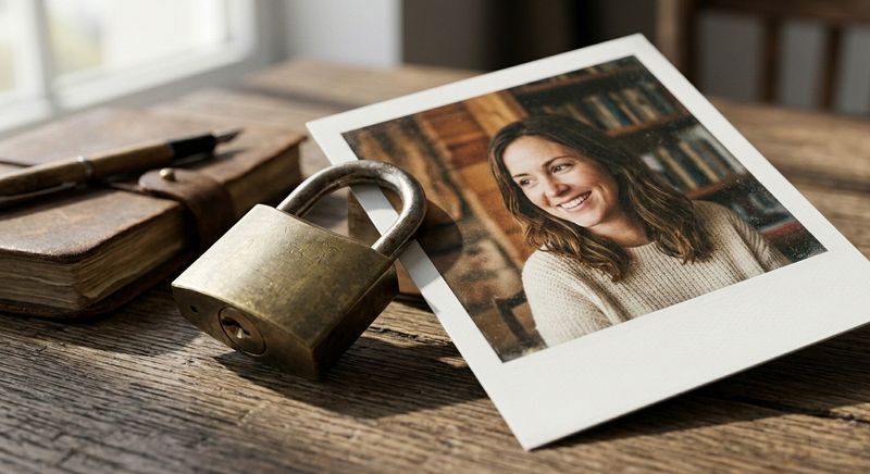 A Polaroid of a woman resting on a wooden desk. A locked padlock sits on top